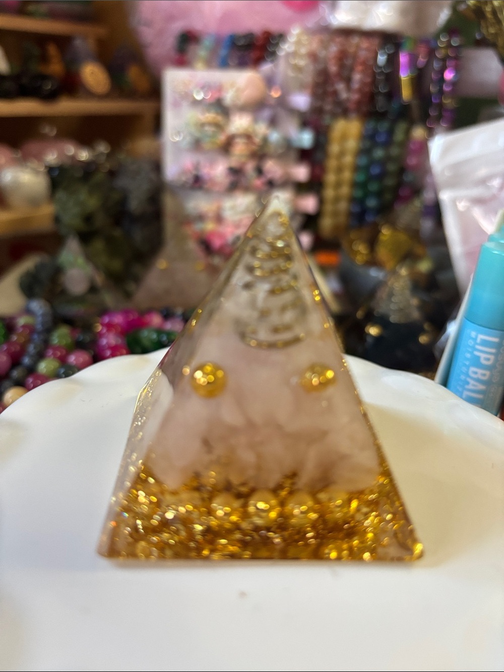 Rose Quartz with Gold Accent Orgone Pyramid Décor - White and Gold